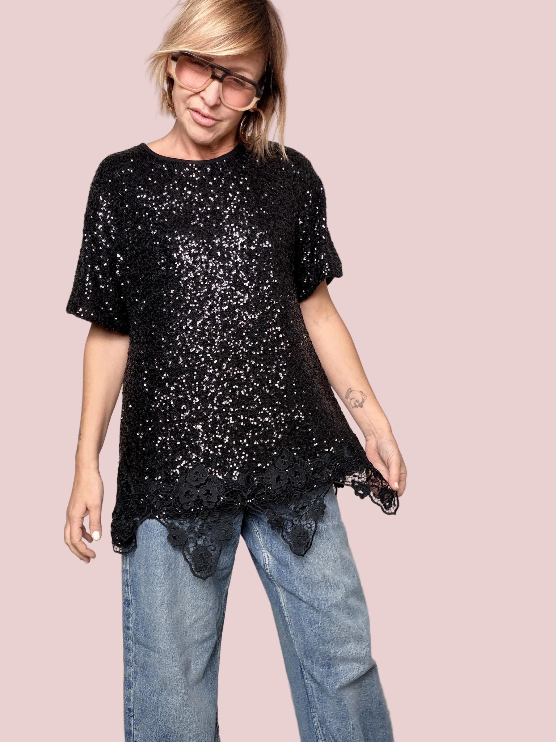 DEJA VU - MAGLIA SPARKLE LACE NERO A25DL422/ NERO DEJA VU 