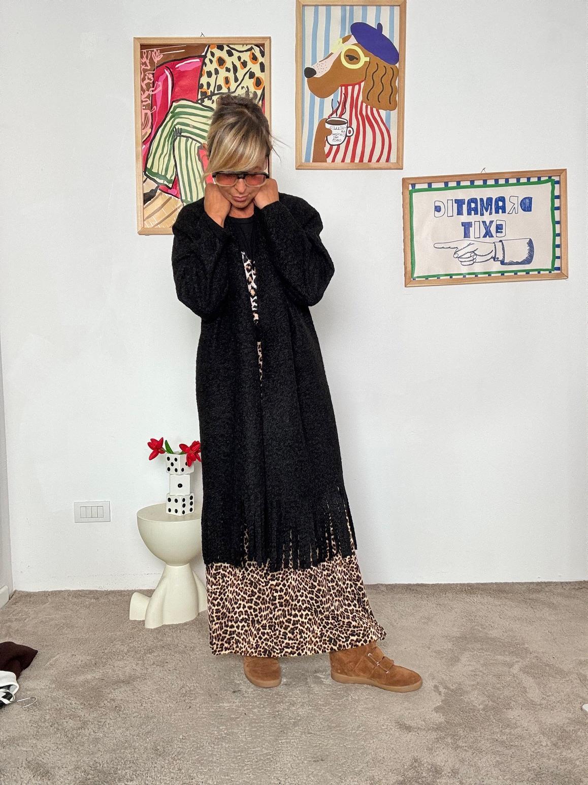 FEMALE - Cardigan lungo donna con frange  stile casual chic e originale nero L5M253/ NERO FEMALE 