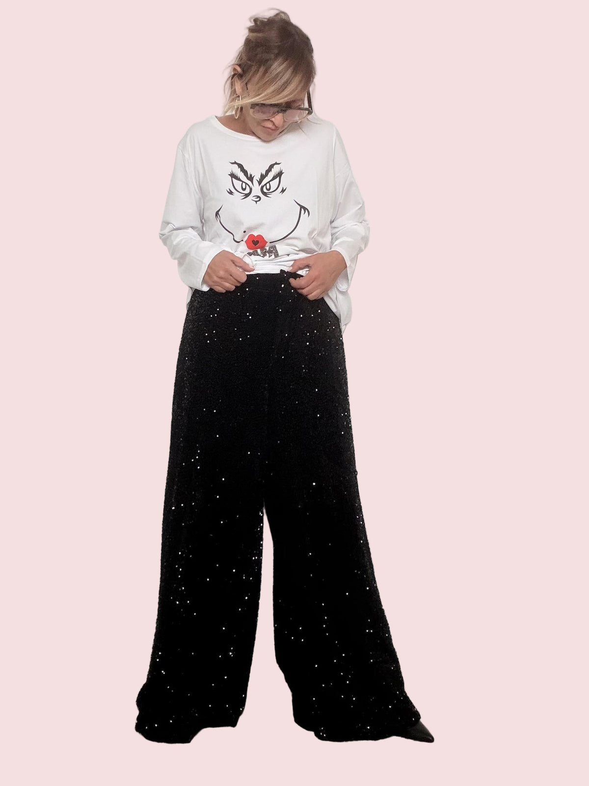 SUSY STAR - Pantalone Stardust Wide  morbido, brillante e super scenografico STS7314/ NERO SUSY STAR 