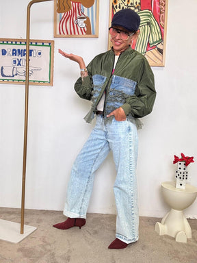 SUSY MI X - Bomber verde militare con dettagli in denim e balze in tulle  La giacca che non ti aspetti! S2774/ VERDE MILITARE SUSY MIX 