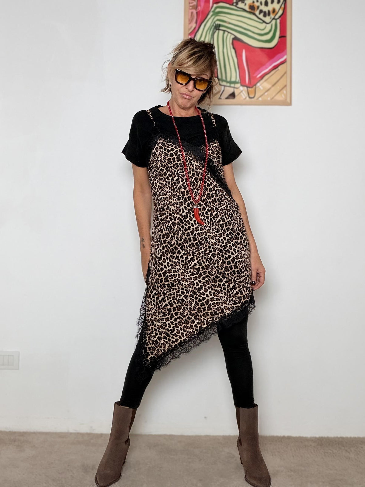 FEMALE -Abito Animalier con Pizzo Asimmetrico 18990-3/ ANIMALIER FEMALE 