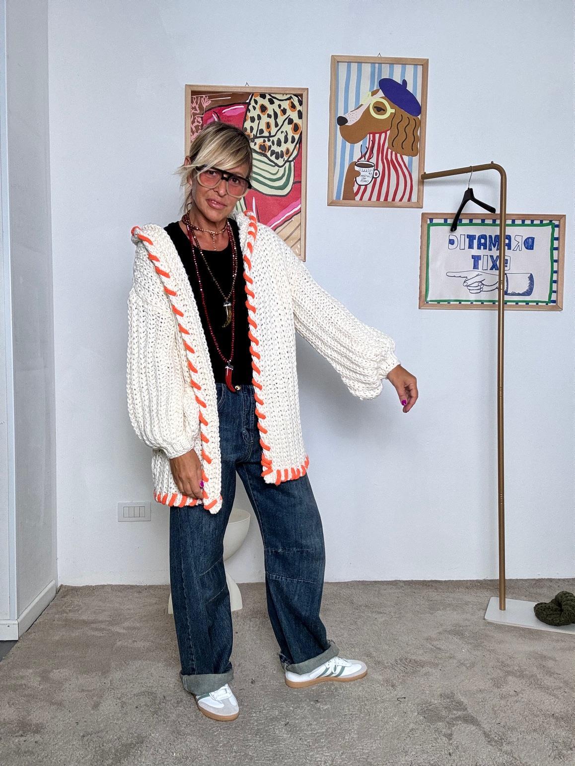 FEMALE - Cardigan oversize in filato chunky panna con dettagli fluo VA601/ PANNA FEMALE 