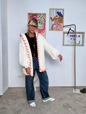 FEMALE - Cardigan oversize in filato chunky panna con dettagli fluo VA601/ PANNA FEMALE 