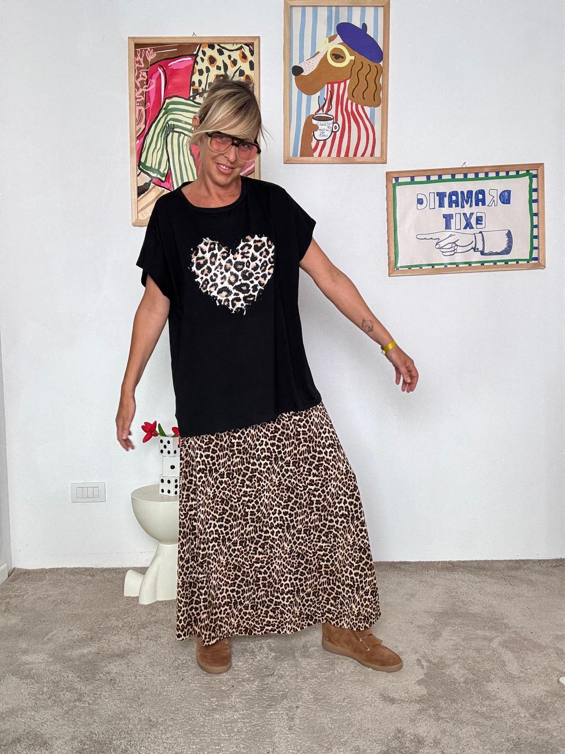 SUSY STAR - T-SHIRT CUORE ANIMALIER NERA STM258/ NERO SUSY STAR 