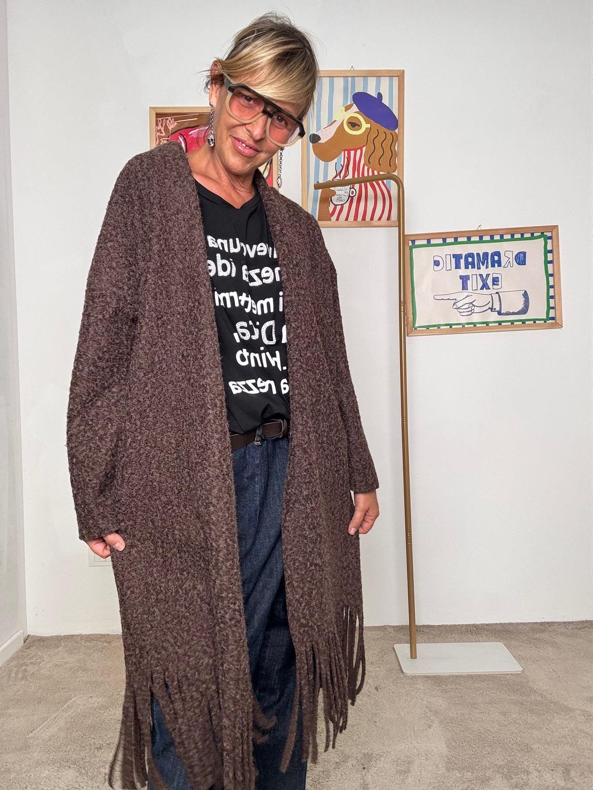 FEMALE - Cardigan lungo donna con frange  stile casual chic e originale moro L5M253/ MORO FEMALE 