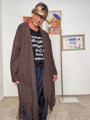 FEMALE - Cardigan lungo donna con frange  stile casual chic e originale moro L5M253/ MORO FEMALE 