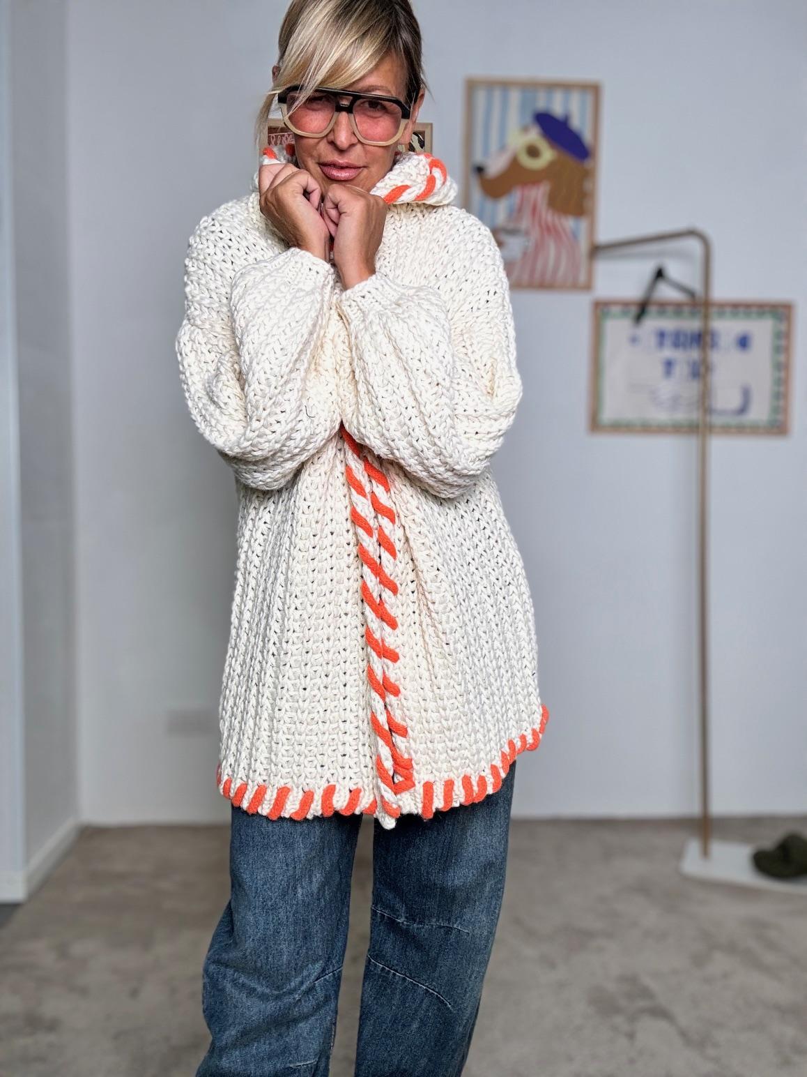 FEMALE - Cardigan oversize in filato chunky panna con dettagli fluo VA601/ PANNA FEMALE 