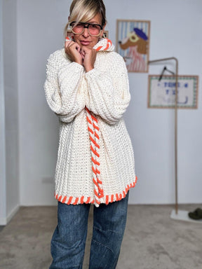 FEMALE - Cardigan oversize in filato chunky panna con dettagli fluo VA601/ PANNA FEMALE 