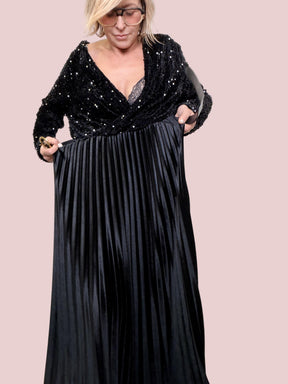 SUSY STAR - ABITO LUNGO CON TOP IN PAILLETTES E GONNA PLISSÉ  DUE ANIME, UN SOLO WOW STLS2117/ NERO SUSY STAR 