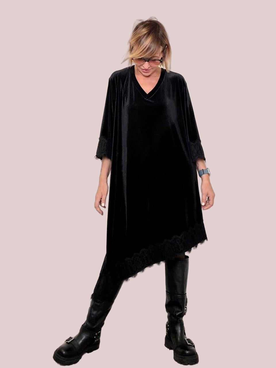 DEJA VU - Abito velluto nero con pizzo A25DL702/ NERO DEJA VU 