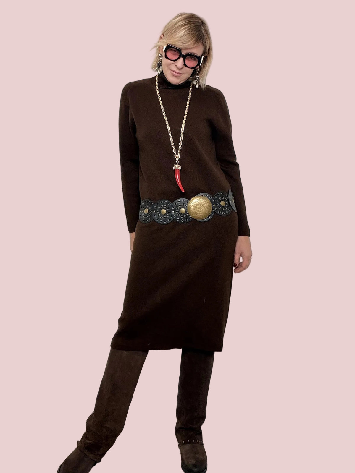 Abito Midi Collo Alto Linea Morbida MORO ZS3077/ MORO FEMALE 