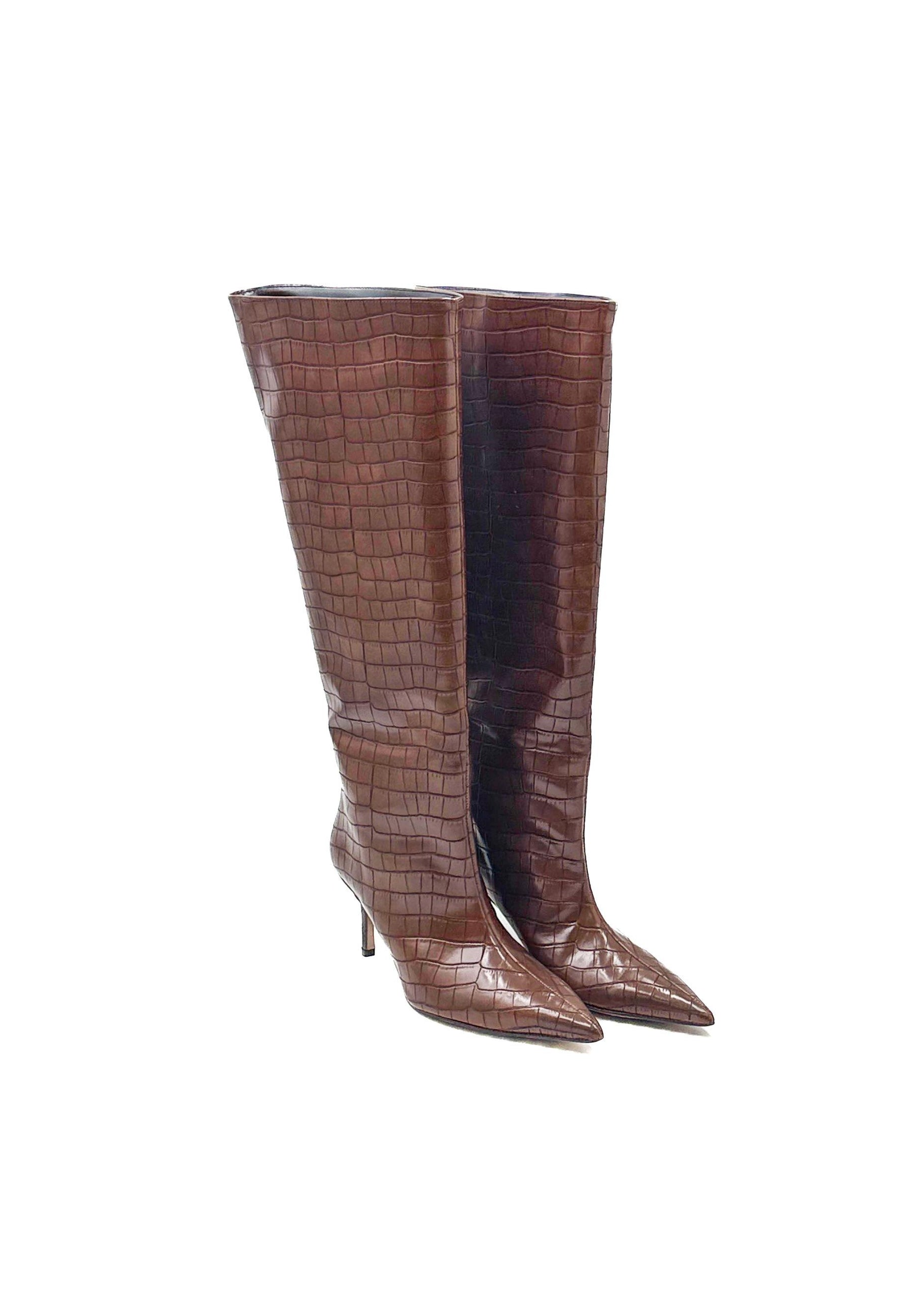 Stivale alto effetto cocco con tacco sottile  Marrone P716C/ CUOIO DIVINE FOLLIE 