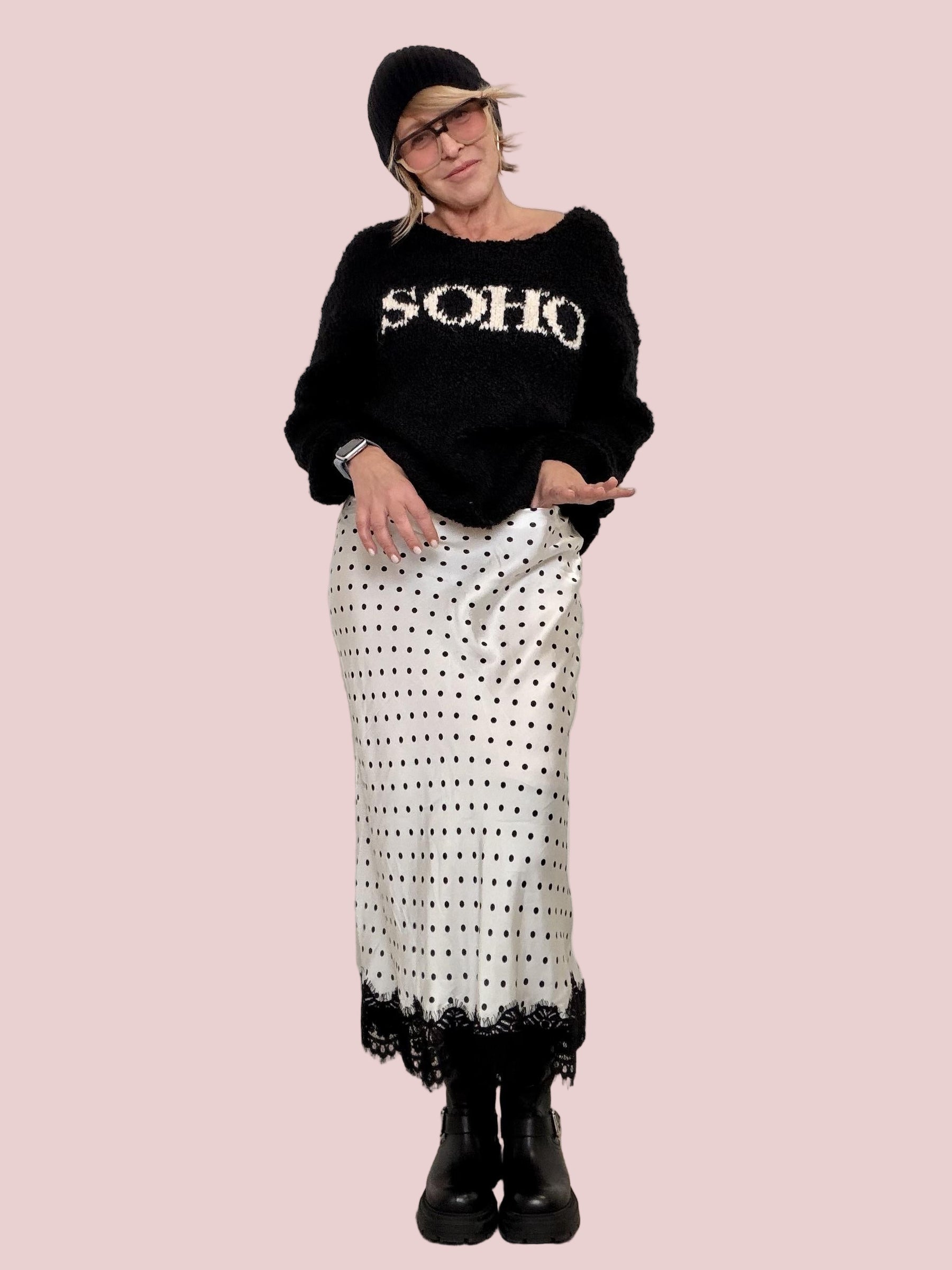 FEMALE - Gonna midi a pois con bordo in pizzo G2784 / LATTE FEMALE 