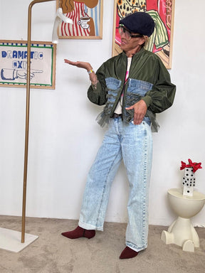 SUSY MI X - Bomber verde militare con dettagli in denim e balze in tulle  La giacca che non ti aspetti! S2774/ VERDE MILITARE SUSY MIX 