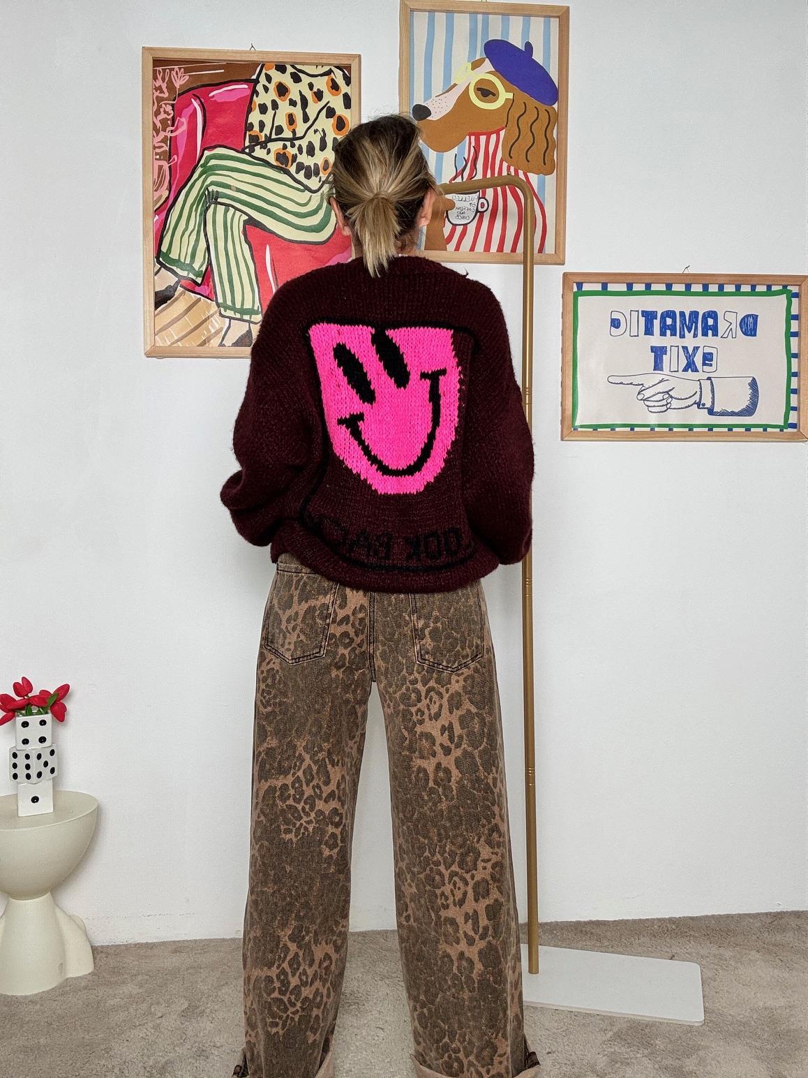 FEMALE - Maglia oversize bordeaux con smile rosa 1598/ BORDEAU FEMALE 