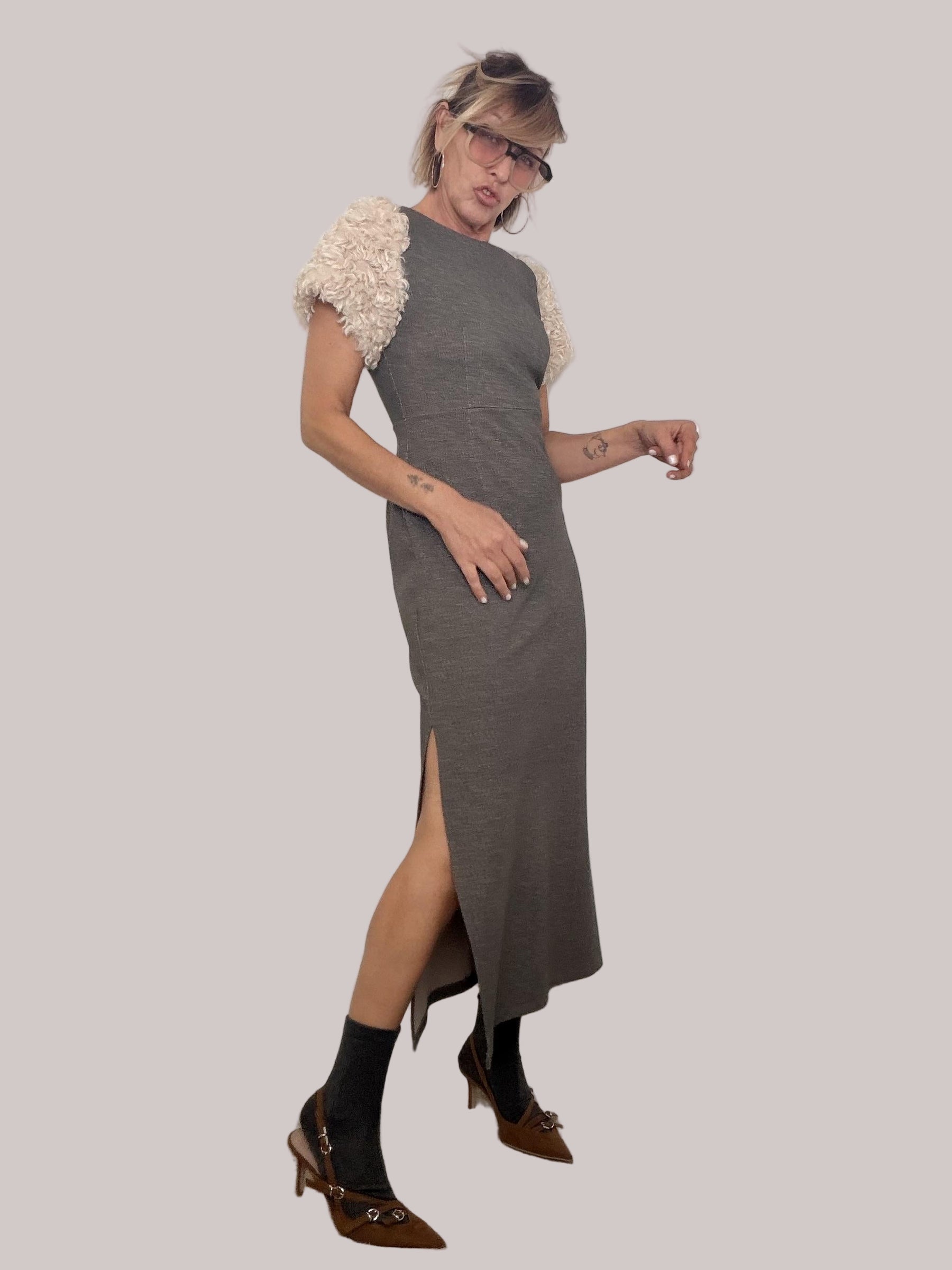 SUSY MIX - Abito Faux Fur Power Sleeves S0065/ BEIGE SUSY MIX 