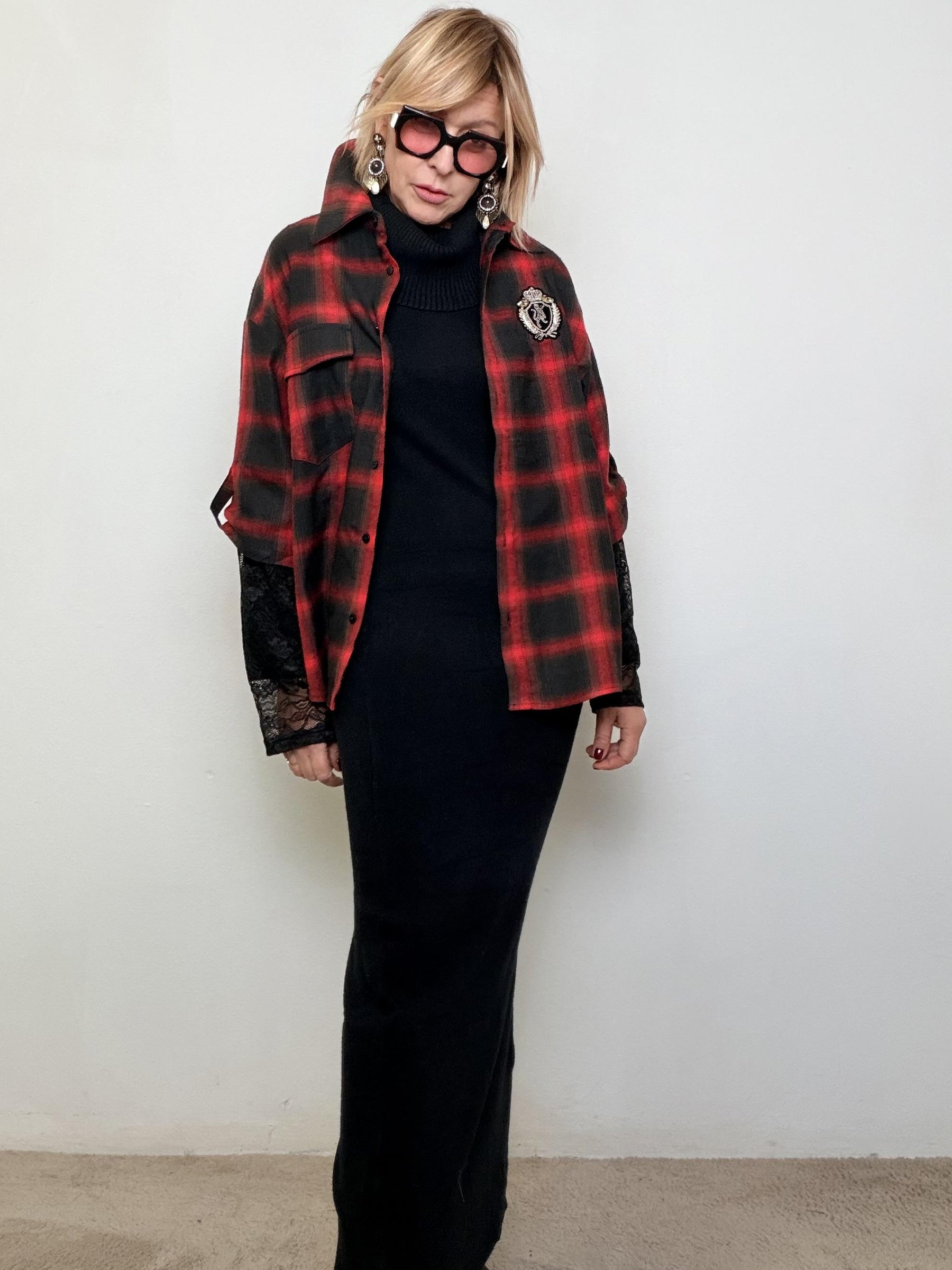 Camicia a Quadri con Dettagli in Pizzo M33073/ ROSSO FEMALE 