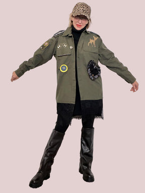 FEMALE - Camicia vintage verde militare con patch  stile grintoso e originale U7N/ VERDE MILITARE FEMALE 