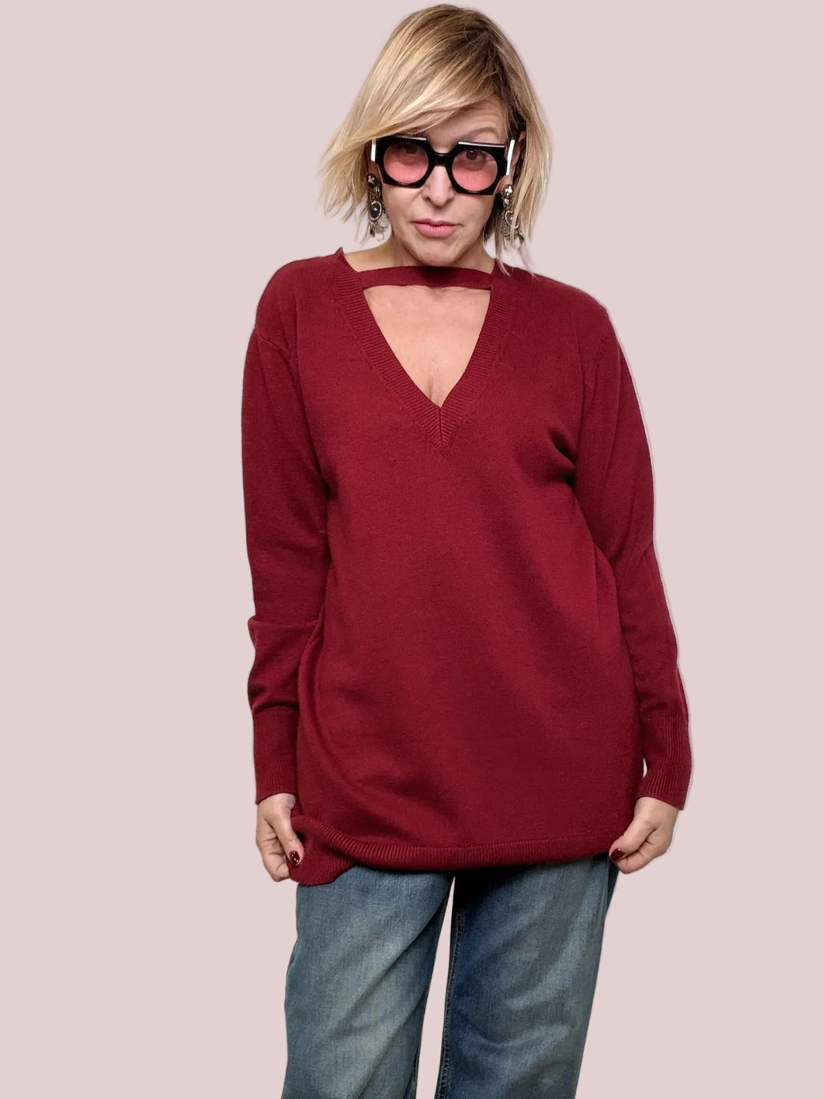 Maglia Reversibile con Scollo a V e Dettaglio Choker ZS9009/ VINO FEMALE 