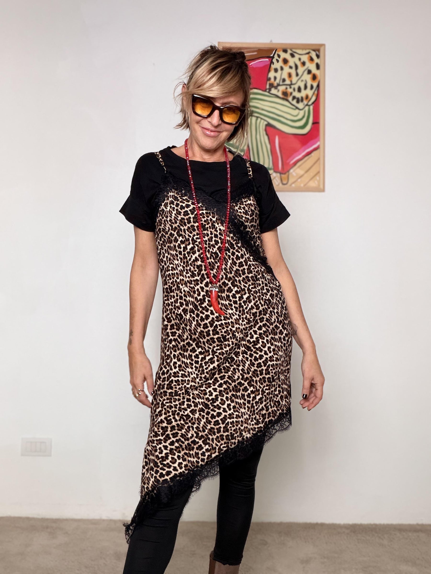 FEMALE -Abito Animalier con Pizzo Asimmetrico 18990-3/ ANIMALIER FEMALE 