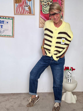 FEMALE - Gilet Smiley Giallo e Marrone  Maglia a Righe Handmade Style, Energia Positiva! CM1752/ GIALLO FEMALE 
