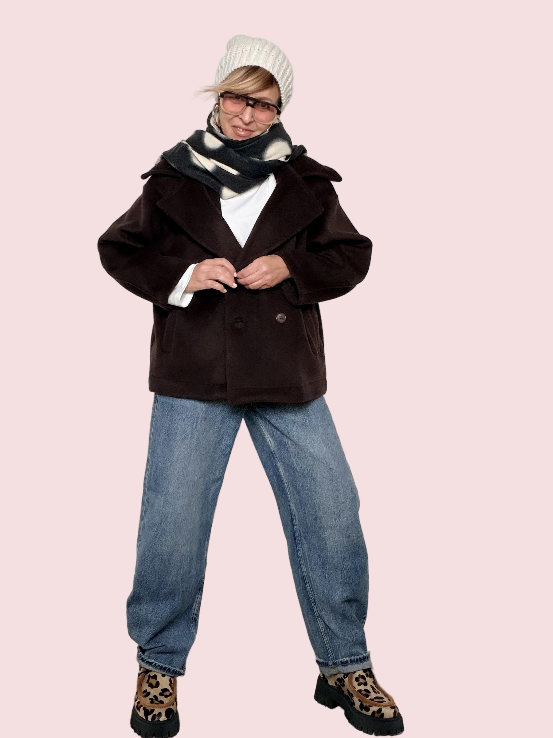 DEJA VU - Cappottino corto doppiopetto in tessuto caldo moro A25LU621/ MORO DEJA VU 