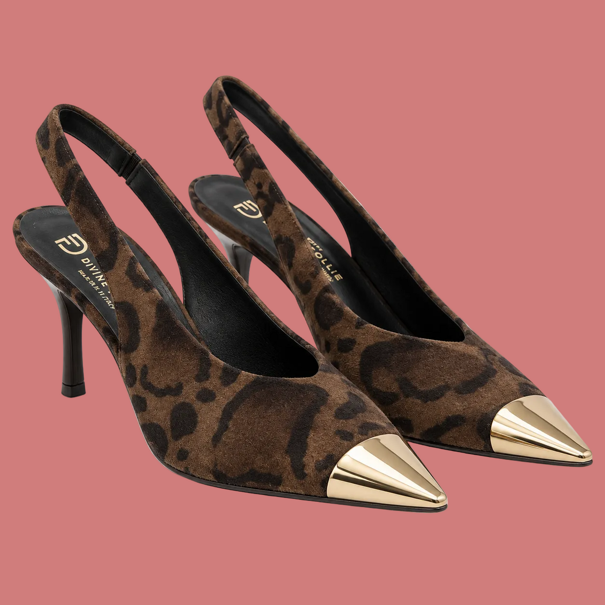 Décolleté animalier marrone con punta dorata e tacco alto