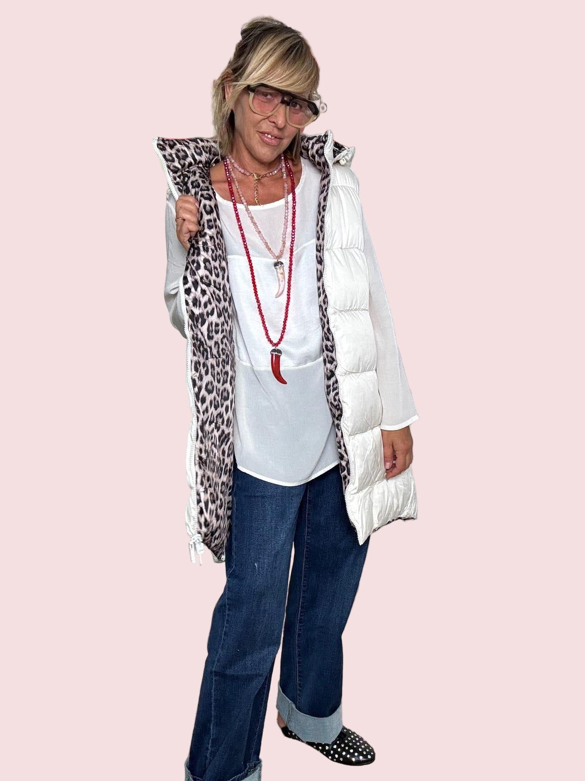 DEJA VU - Gilet piumino bianco donna con fodera animalier  pratico, trendy e super versatile PANNA A25SO801/ PANNA DEJA VU 