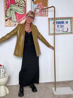 HAVE ONE - Giacca doppiopetto in ecopelle  Verde oliva JMI-P026/ COGNAC HAVE ONE 