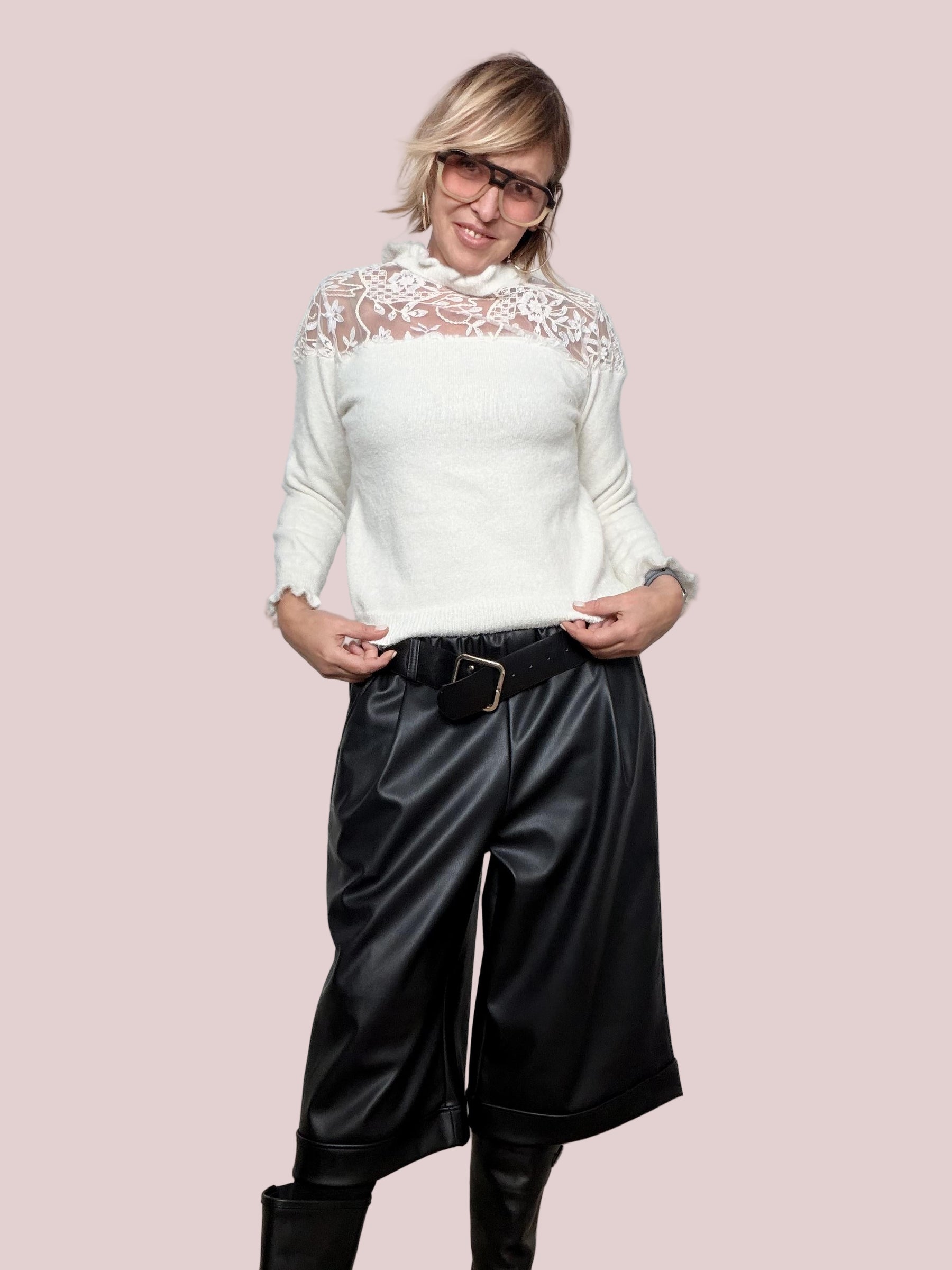 PHILIA LOFT - MAGLIA ROMANTICA CON INSERTO IN PIZZO  DOLCEZZA E CHARME IN VERSIONE CALDA D01N0858/ PANNA PHILIA LOFT 