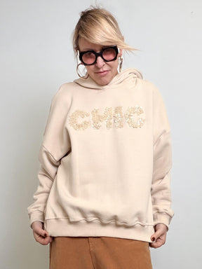 Felpa con cappuccio e scritta ricamata luminosa BEIGE S38M1614/ BEIGE SOUVENIR 
