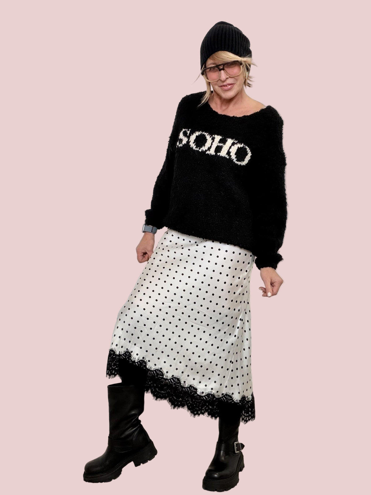 FEMALE - Gonna midi a pois con bordo in pizzo G2784 / LATTE FEMALE 