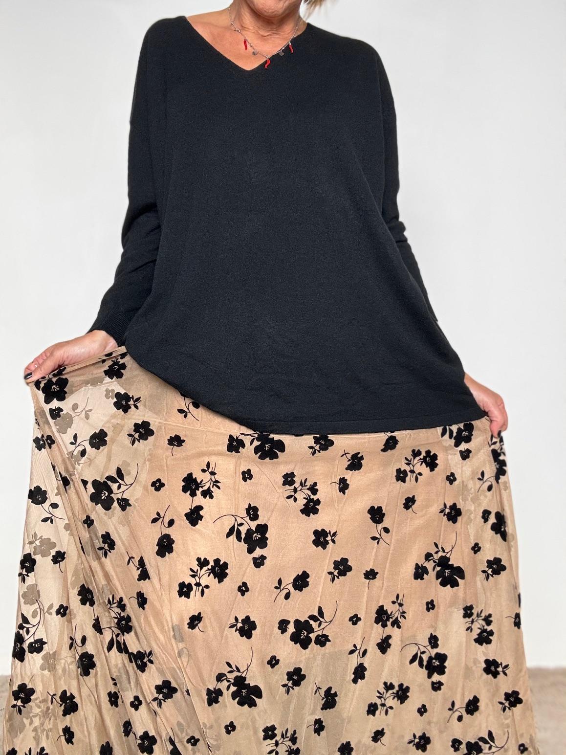 FEMALE - Gonna lunga in tessuto fluido con fiori in velluto GO86028/ BEIGE FEMALE 