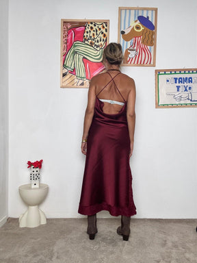 FEMALE - Abito lungo in raso con dettagli in pizzo vino H4163-R6/ VINO FEMALE 