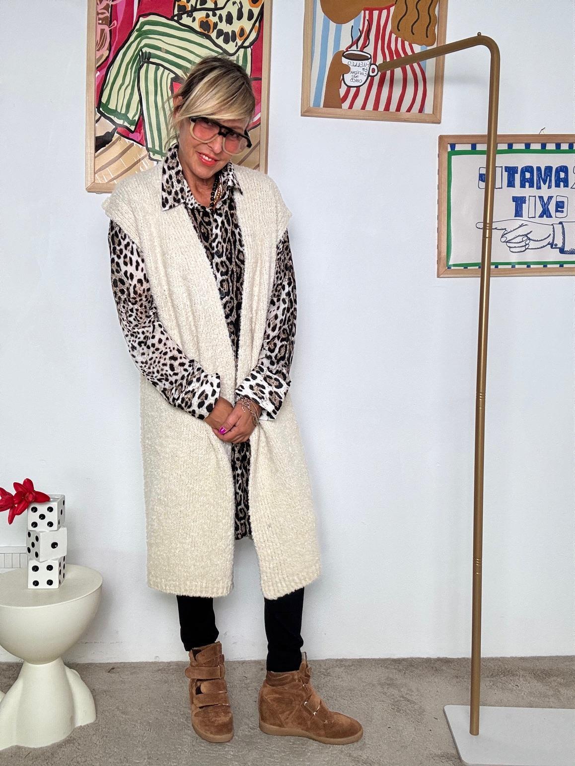 SUSY STAR - Cardigan lungo nero senza maniche in lana bouclé CREMA STWK3017/ CREMA SUSY STAR 