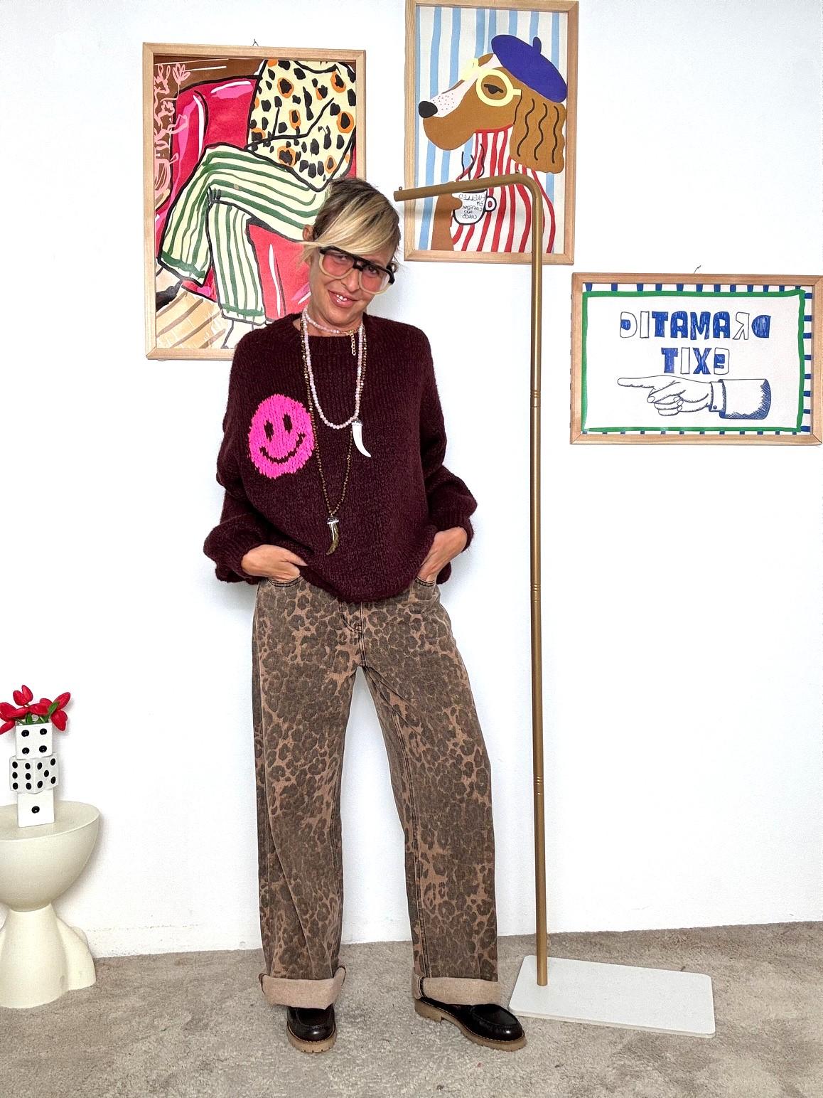 FEMALE - Maglia oversize bordeaux con smile rosa 1598/ BORDEAU FEMALE 