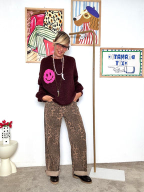 FEMALE - Maglia oversize bordeaux con smile rosa 1598/ BORDEAU FEMALE 