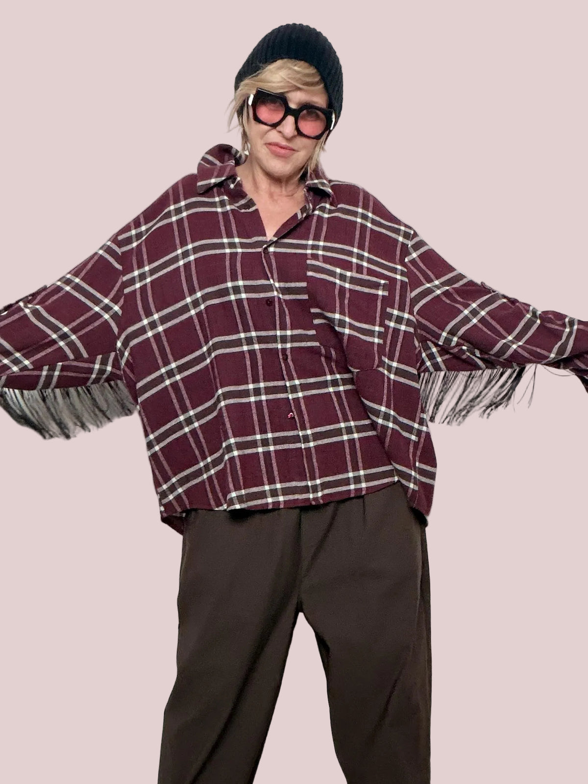 Camicia a quadri con frange dal carattere boho-chic V01A0860/ QUADRI VINO PHILIA LOFT 