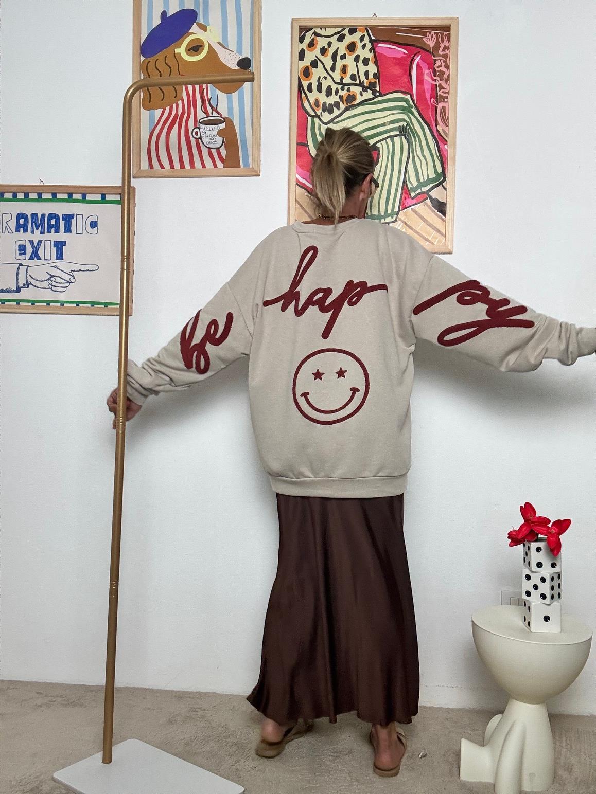 FEMALE - Felpa Oversize "Happy Mood"  Comfort con Personalità! BEIGE R51109/ BEIGE FEMALE 