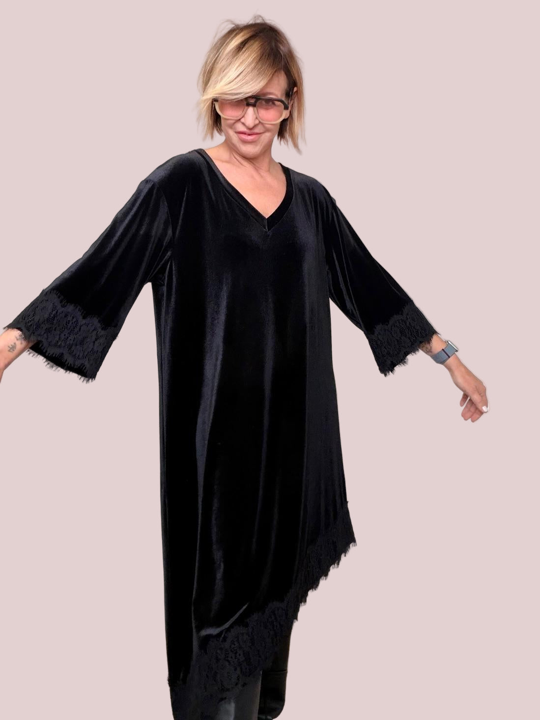 DEJA VU - Abito velluto nero con pizzo A25DL702/ NERO DEJA VU 