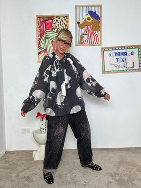 SUSY STRA - Camicia oversize donna con stampa teschi  originale, rock e super trendy STS7292/ TESCHIO SUSY STAR 