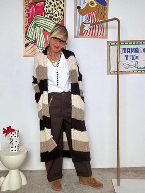 SUSY MIX -Cardigan lungo oversize a righe  marrone panna beige e nero 3W06/ MORO SUSY MIX 