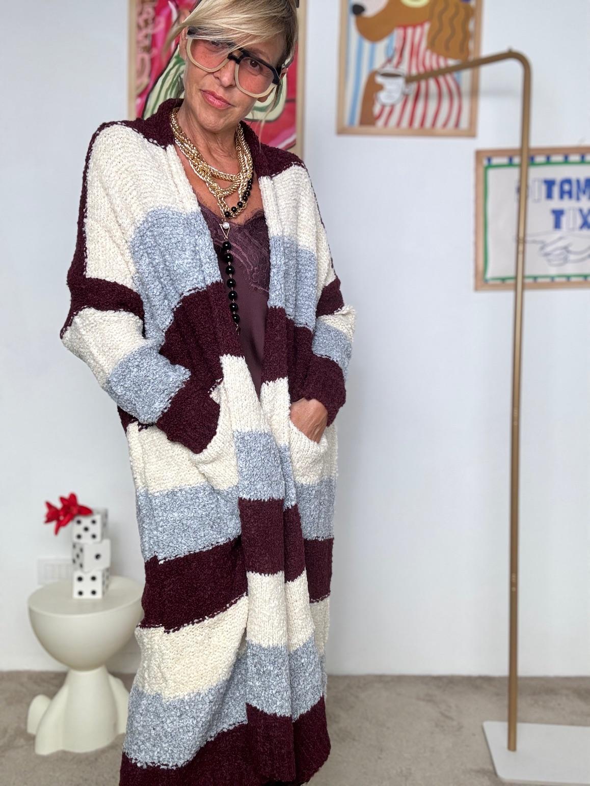 SUSY MIX -Cardigan lungo oversize a righe  Bordeaux, grigio e panna 3W06/ VINO SUSY MIX 