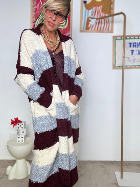 SUSY MIX -Cardigan lungo oversize a righe  Bordeaux, grigio e panna 3W06/ VINO SUSY MIX 