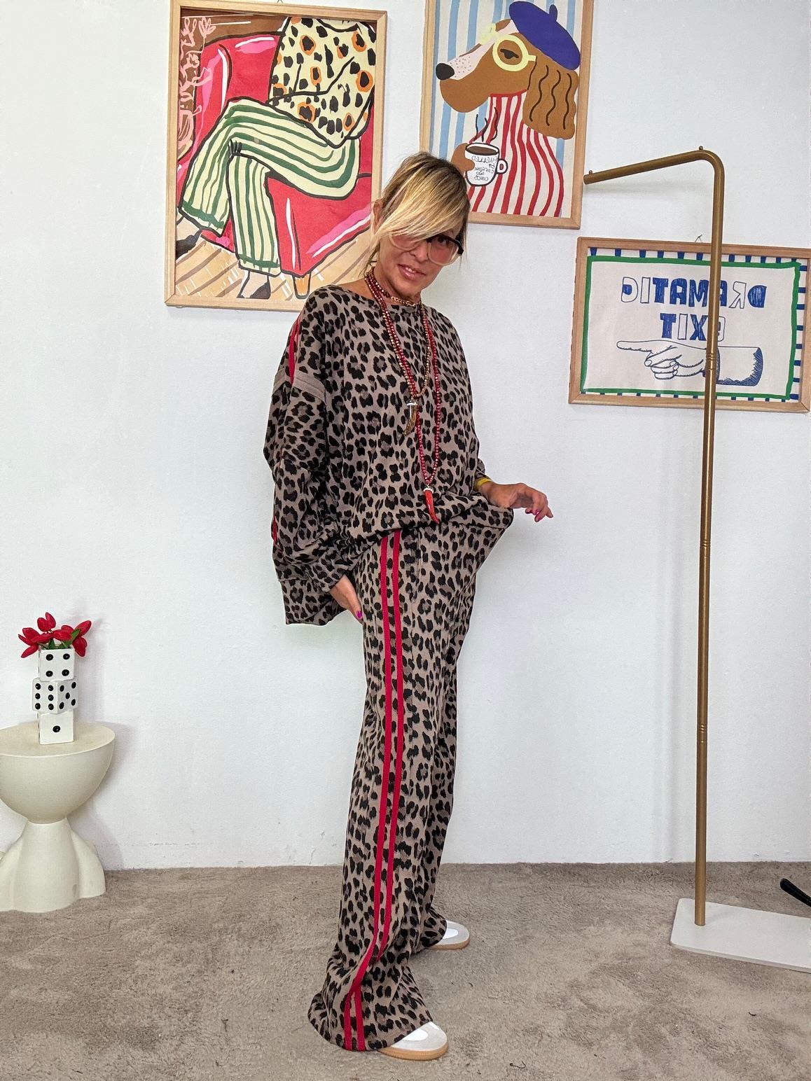 FEMALE - Pantaloni wide leg animalier con bande laterali rosse R51351/ ANIMALIER MARR FEMALE 