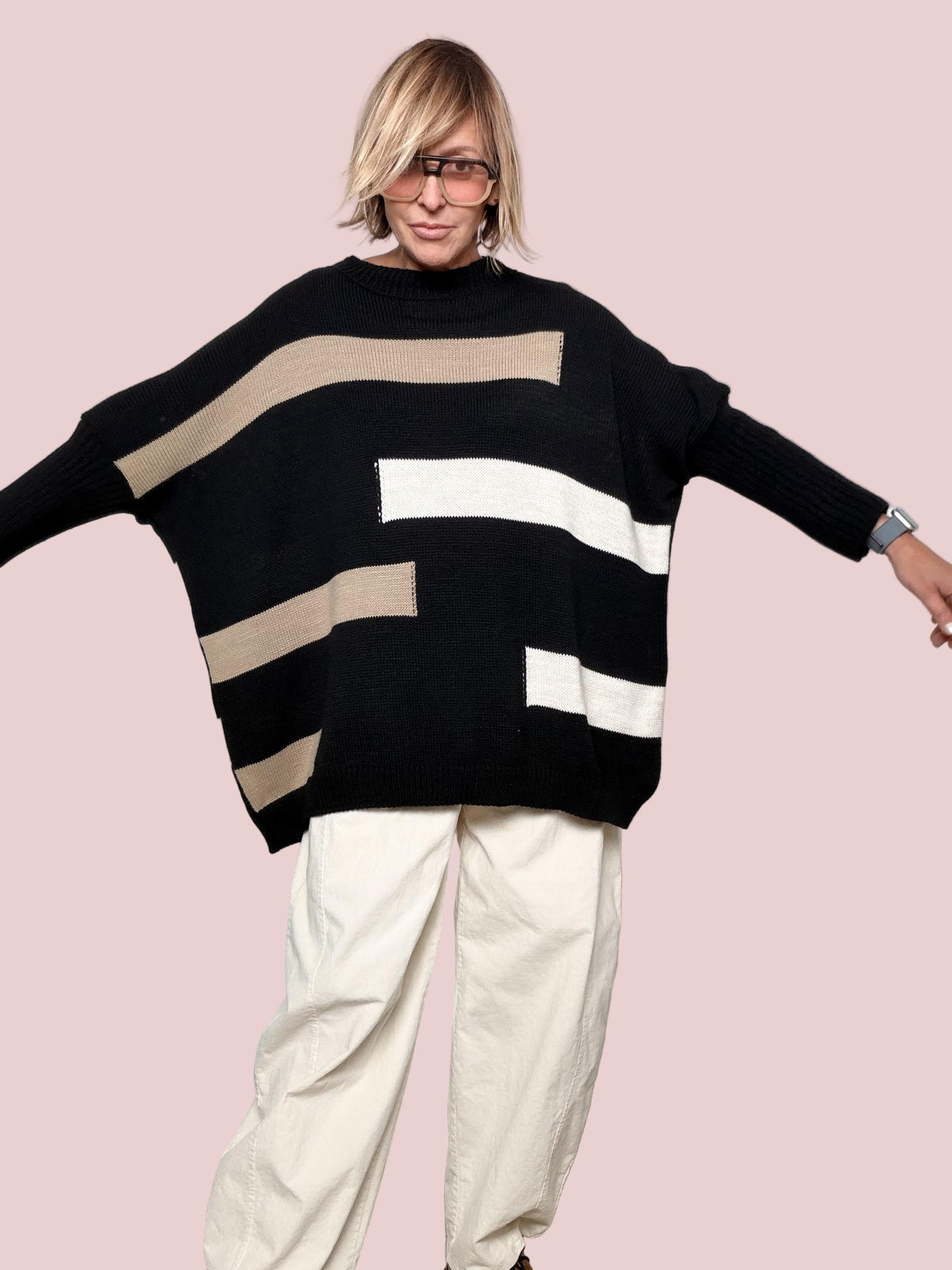 FEMALE - MAGLIA OVER FANTASIA GEOMETRICA  ARTE ADDOSSO, COMFORT GARANTITO 8056/ NERO FEMALE 