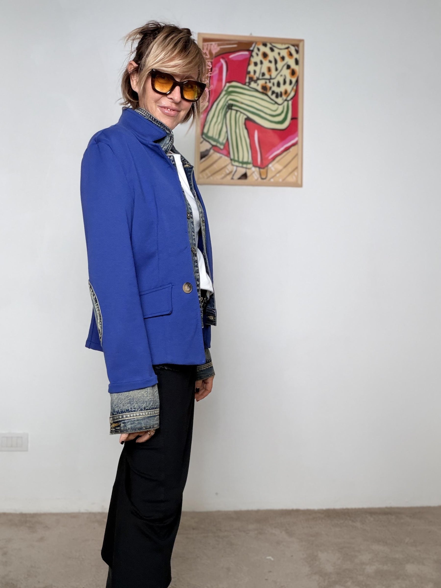 FEMALE - Giacca avio con profili in jeans  eleganza versatile con un tocco grintoso Z101/ AVIO FEMALE 