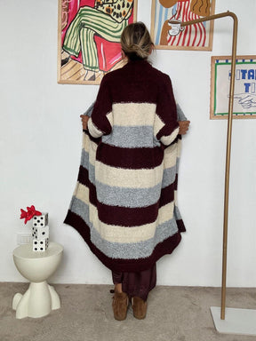 SUSY MIX -Cardigan lungo oversize a righe  Bordeaux, grigio e panna 3W06/ VINO SUSY MIX 