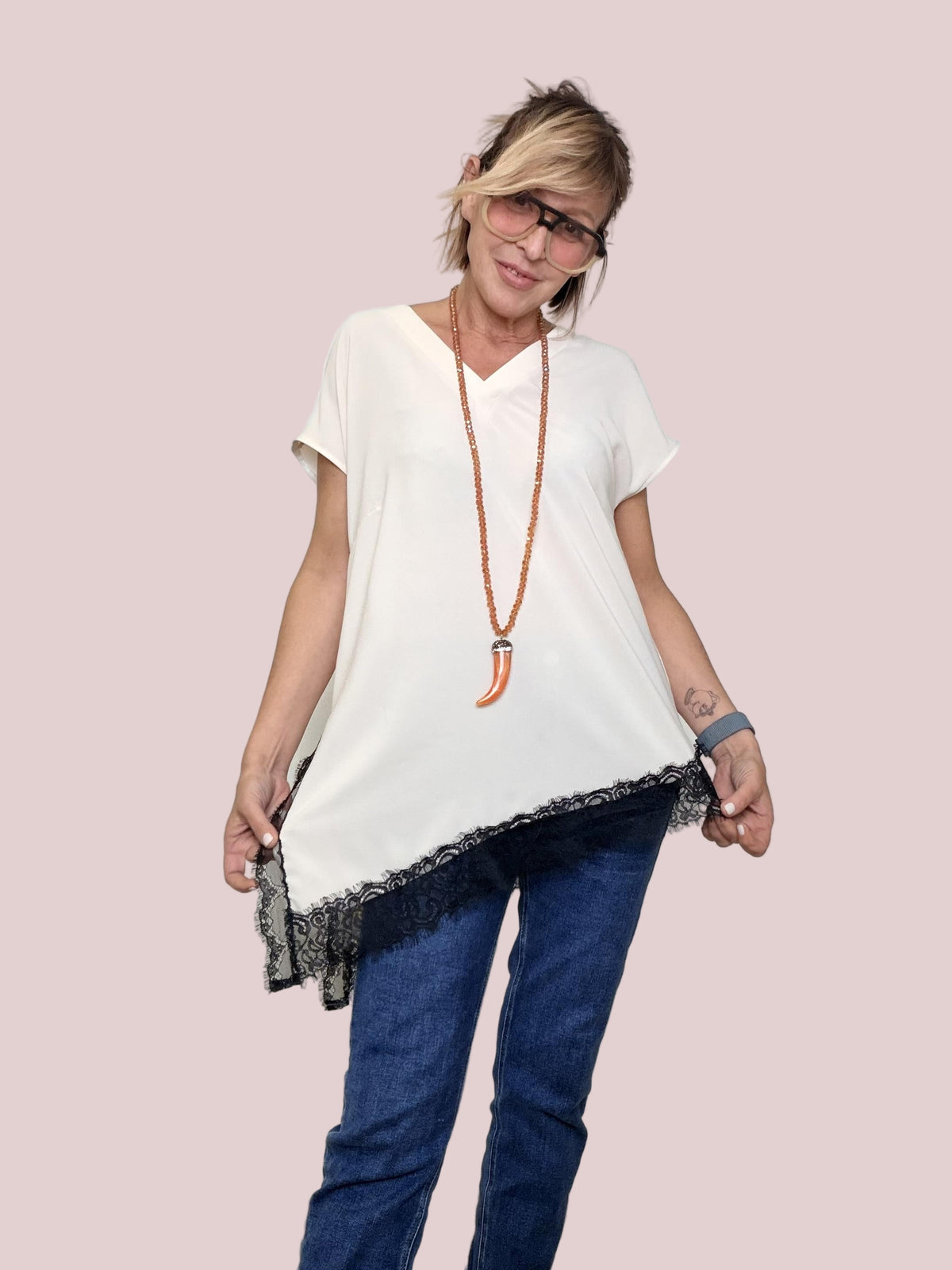 DEJA VU - Maglia con inserto in pizzo  Eleganza facile panna A25SG103/ PANNA DEJA VU 