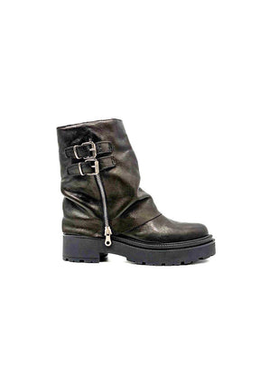 Tronchetto biker in pelle con fibbie DF-117/ NERO DIVINE FOLLIE 